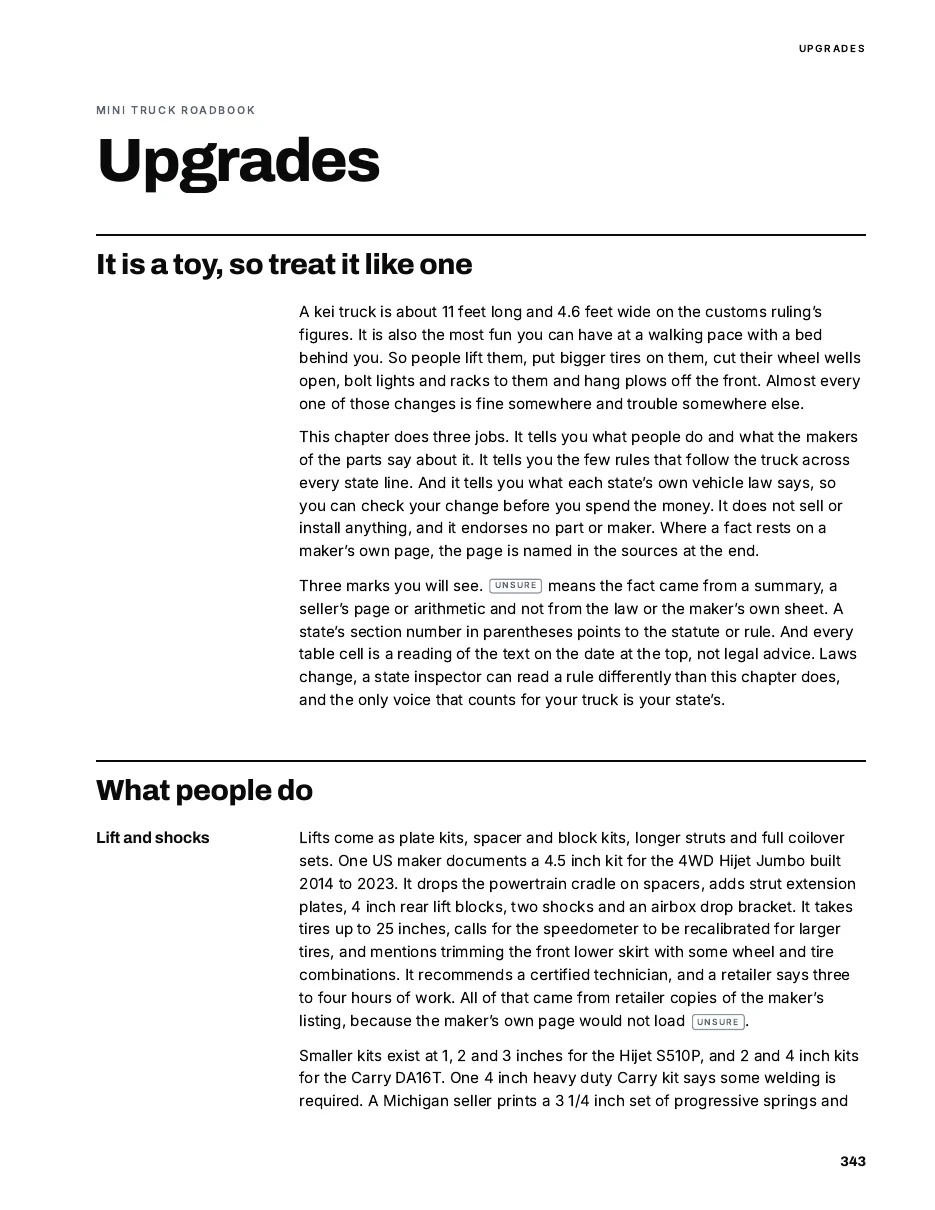 A page of Mini Truck Roadbook, upgrades, the chapter opener